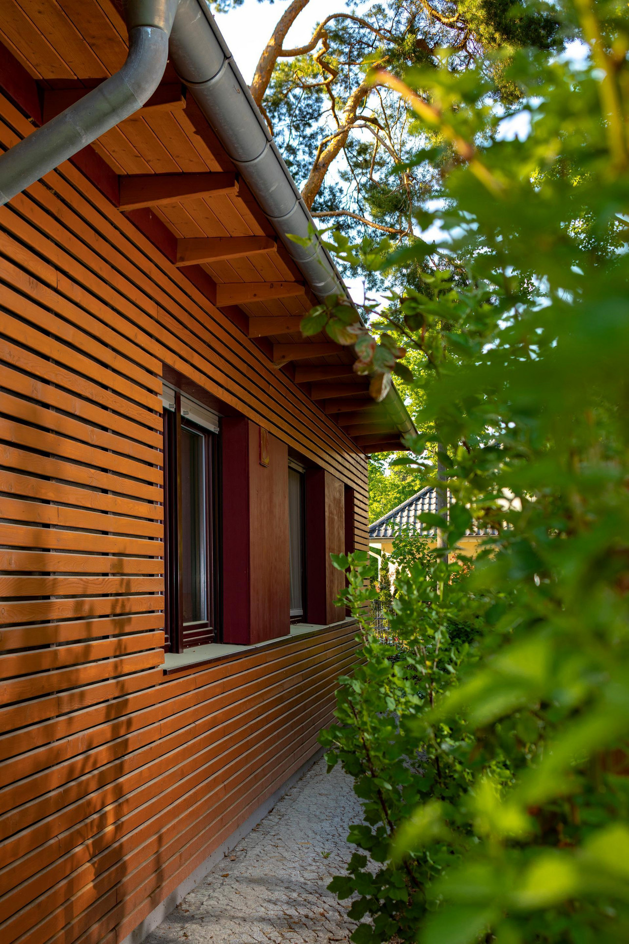Fassade aus rötlichem Holz